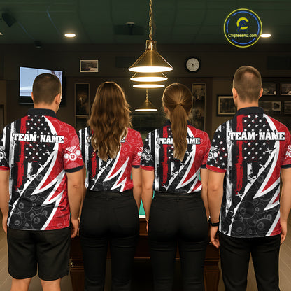 Black & Red US Flag 8 Ball Women Billiard Team Shirt Custom Polo & 1/4-Zip Pool Billiard Attire NYN2377