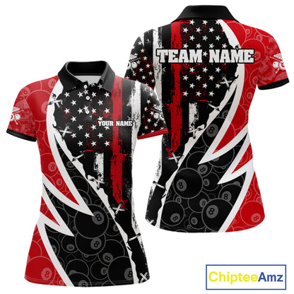 Black & Red US Flag 8 Ball Women Billiard Team Shirt Custom Polo & 1/4-Zip Pool Billiard Attire NYN2377