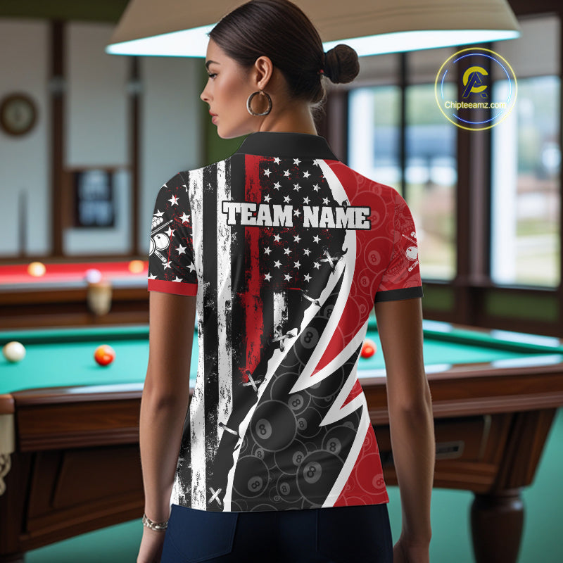Black & Red US Flag 8 Ball Women Billiard Team Shirt Custom Polo & 1/4-Zip Pool Billiard Attire NYN2377