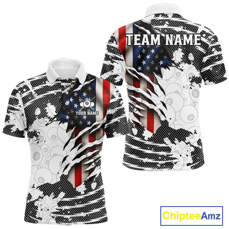 US Flag 8 Ball Men Billiard Team Shirt Custom Patriotic Pool Polo & 1/4-Zip Billiard Attire NYN2378