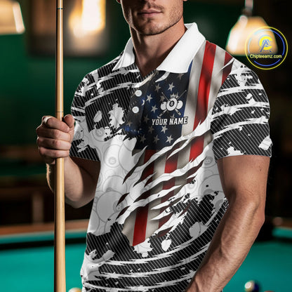 US Flag 8 Ball Men Billiard Team Shirt Custom Patriotic Pool Polo & 1/4-Zip Billiard Attire NYN2378