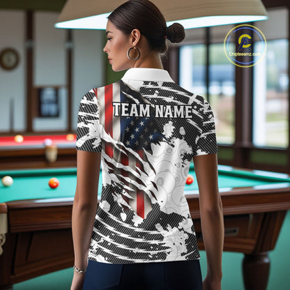 US Flag 8 Ball Women Billiard Team Shirt Custom Patriotic Pool Polo & 1/4-Zip Billiard Attire NYN2378