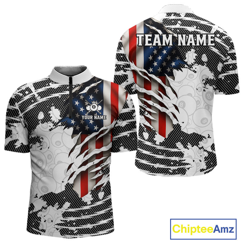 US Flag 8 Ball Men Billiard Team Shirt Custom Patriotic Pool Polo & 1/4-Zip Billiard Attire NYN2378