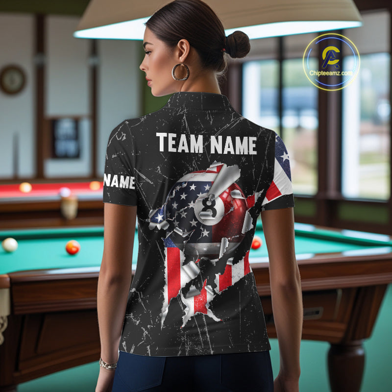 Torn US Flag Grunge Pool 8 Ball Women Billiard Team Shirt Custom Polo & 1/4-Zip Billiard Attire NYN2379