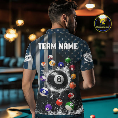 Watering 8 Ball Men Billiard Polo & 1/4-Zip Shirt Custom US Flag Pool Billiard Team Apparel NYN2384