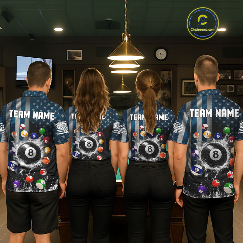 Watering 8 Ball Men Billiard Polo & 1/4-Zip Shirt Custom US Flag Pool Billiard Team Apparel NYN2384