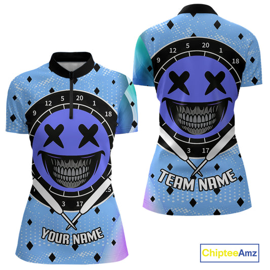 Smile Face Dartboard Custom Funny Blue Dart Shirts For Women, Dart Team Jerseys NYN0084