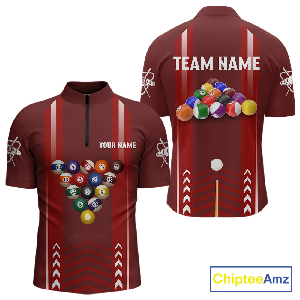 Personalized Red Ball Billiard  Polo & 1/4 Zip Shirt For Men Custom Pool Team Shirt Billiard Jersey NYN2981