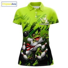 Load image into Gallery viewer, Funny Frog Bowling Ball And Pins Shirt For Women Custom Green Polo Quarter-Zip Bowling Team Attire NYN3685