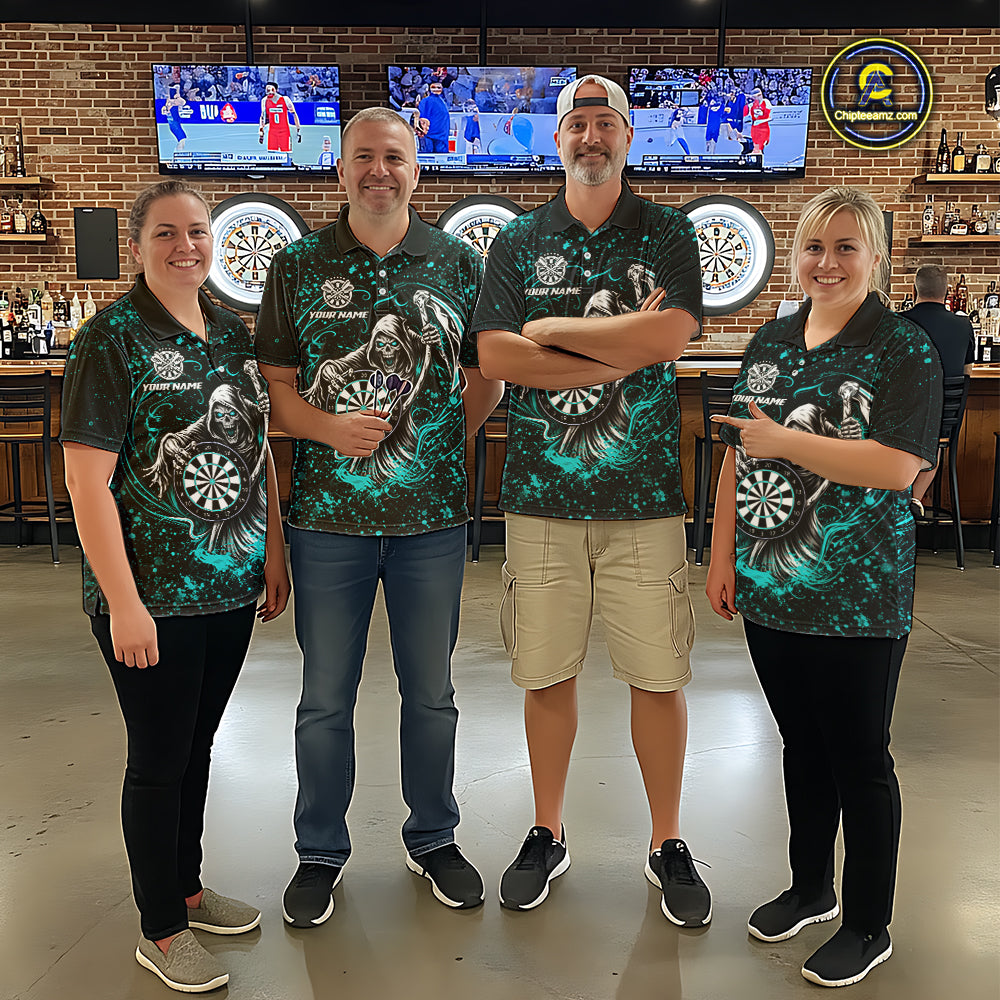 Black & Teal Splatter Grim Reaper Hold Dartboard Dart Shirts For Men Custom Dart Team Shirts NYN3954