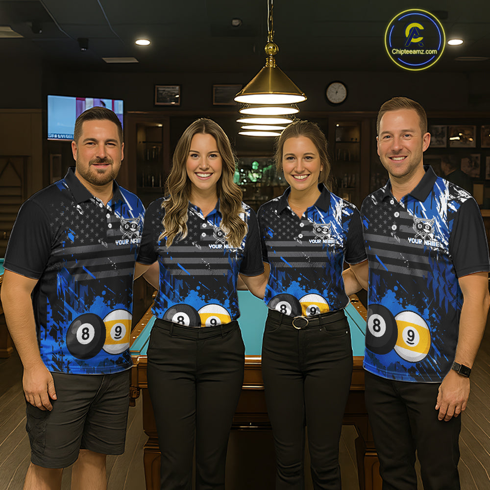 Custom Blue Splatter 8 Ball And 9 Ball Billiard Team Jersey Billiard Pool Shirt For Men NYN3956