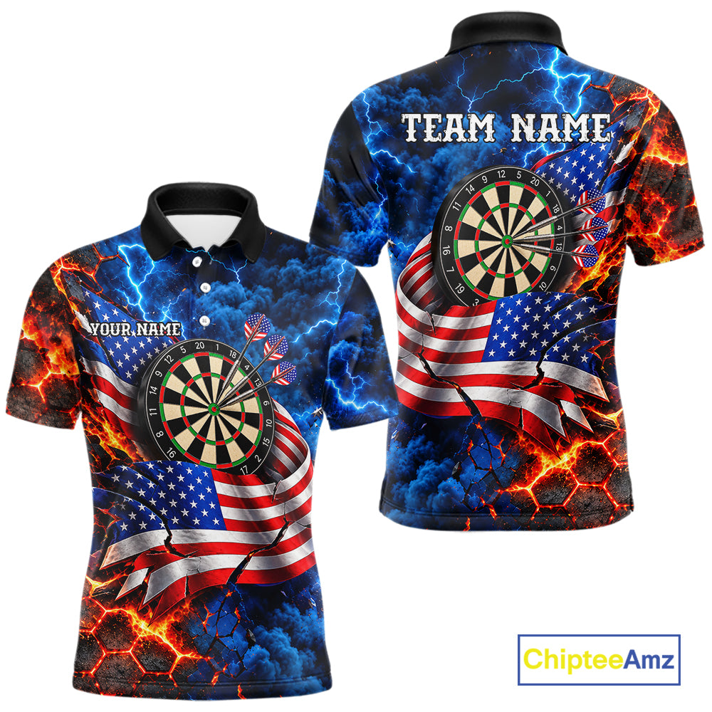 Flaming Dartboard US Flag Darts Polo 1/4-Zip Shirt For Men Custom Lightning Darts Tournament Shirt NYN4740