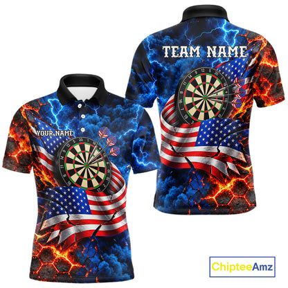 Flaming Dartboard US Flag Darts Polo 1/4-Zip Shirt For Men Custom Lightning Darts Tournament Shirt NYN4740