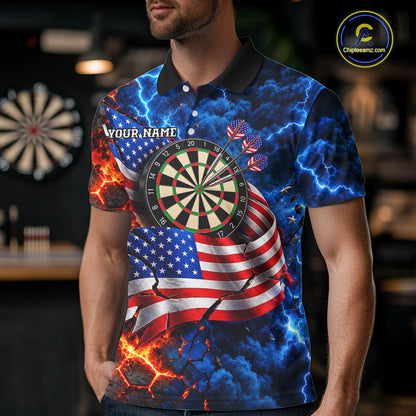 Flaming Dartboard US Flag Darts Polo 1/4-Zip Shirt For Men Custom Lightning Darts Tournament Shirt NYN4740