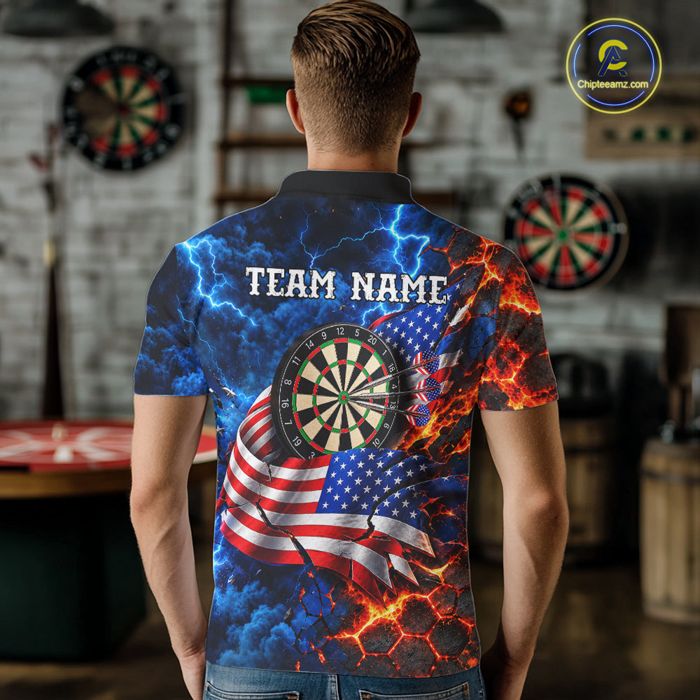 Flaming Dartboard US Flag Darts Polo 1/4-Zip Shirt For Men Custom Lightning Darts Tournament Shirt NYN4740