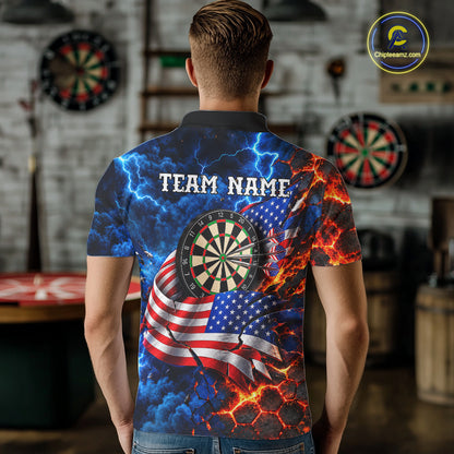 Flaming Dartboard US Flag Darts Polo 1/4-Zip Shirt For Men Custom Lightning Darts Tournament Shirt NYN4740