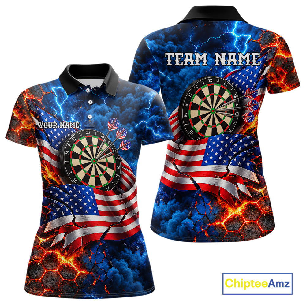 Flaming Dartboard US Flag Darts Polo 1/4-Zip Shirt For Women Custom Lightning Darts Tournament Shirt NYN4740