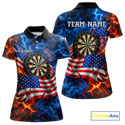 Flaming Dartboard US Flag Darts Polo 1/4-Zip Shirt For Women Custom Lightning Darts Tournament Shirt NYN4740