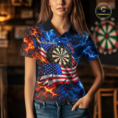 Flaming Dartboard US Flag Darts Polo 1/4-Zip Shirt For Women Custom Lightning Darts Tournament Shirt NYN4740