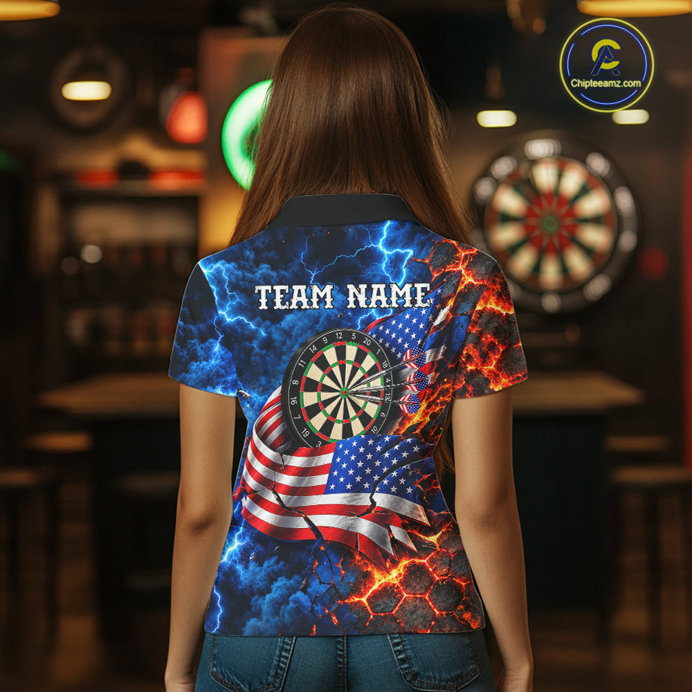 Flaming Dartboard US Flag Darts Polo 1/4-Zip Shirt For Women Custom Lightning Darts Tournament Shirt NYN4740