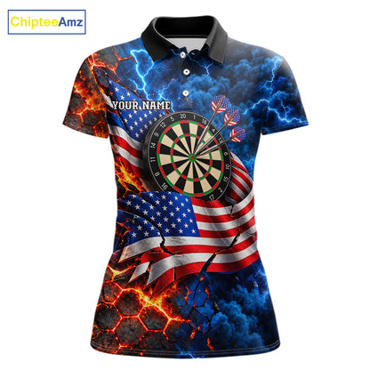 Flaming Dartboard US Flag Darts Polo 1/4-Zip Shirt For Women Custom Lightning Darts Tournament Shirt NYN4740