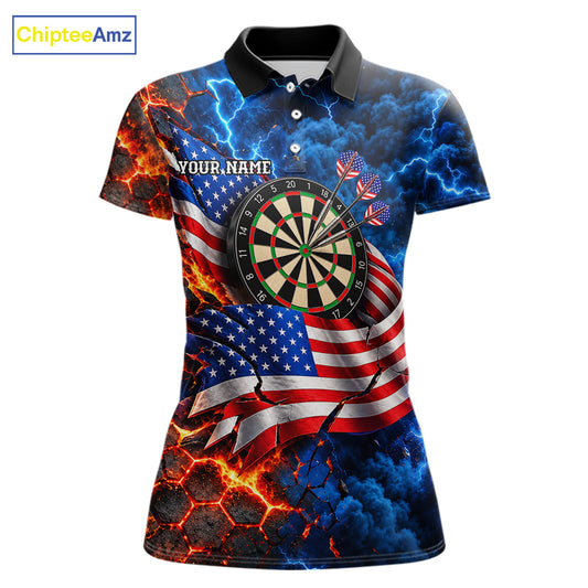 Flaming Dartboard US Flag Darts Polo 1/4-Zip Shirt For Women Custom Lightning Darts Tournament Shirt NYN4740