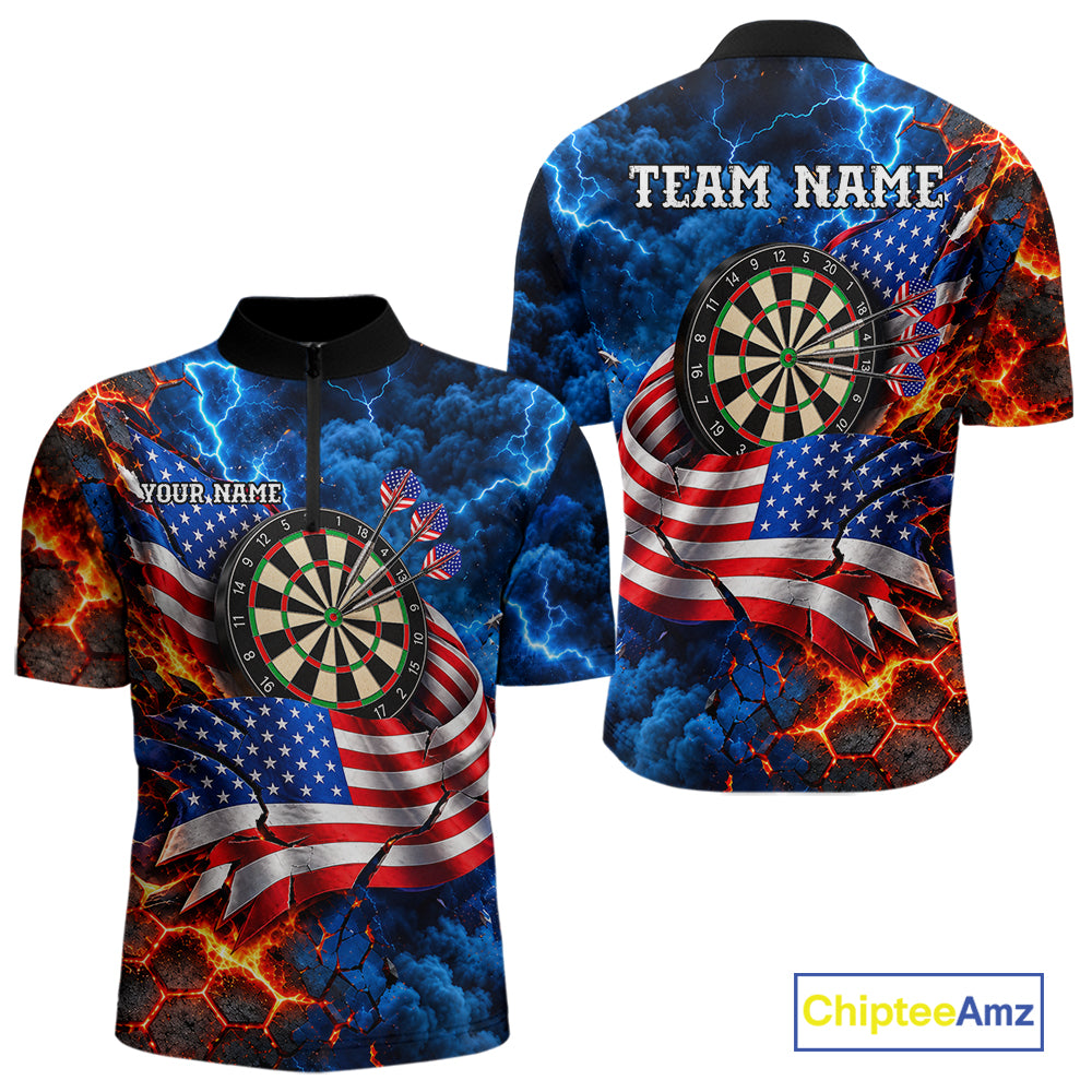 Flaming Dartboard US Flag Darts Polo 1/4-Zip Shirt For Men Custom Lightning Darts Tournament Shirt NYN4740