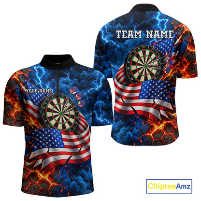 Flaming Dartboard US Flag Darts Polo 1/4-Zip Shirt For Men Custom Lightning Darts Tournament Shirt NYN4740