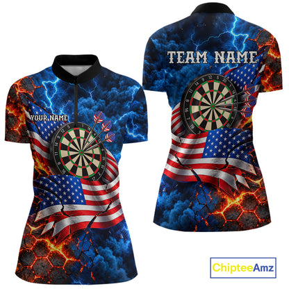 Flaming Dartboard US Flag Darts Polo 1/4-Zip Shirt For Women Custom Lightning Darts Tournament Shirt NYN4740