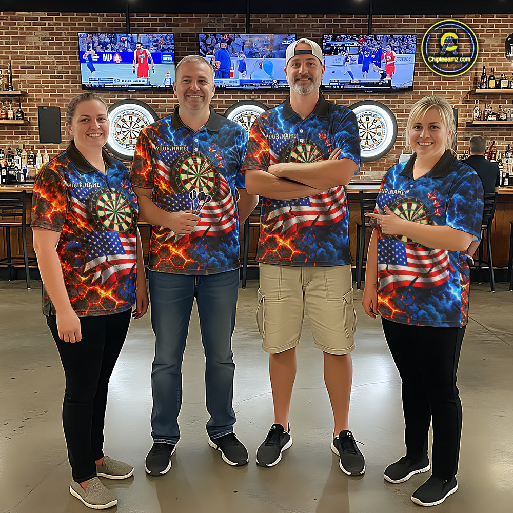 Flaming Dartboard US Flag Darts Polo 1/4-Zip Shirt For Men Custom Lightning Darts Tournament Shirt NYN4740