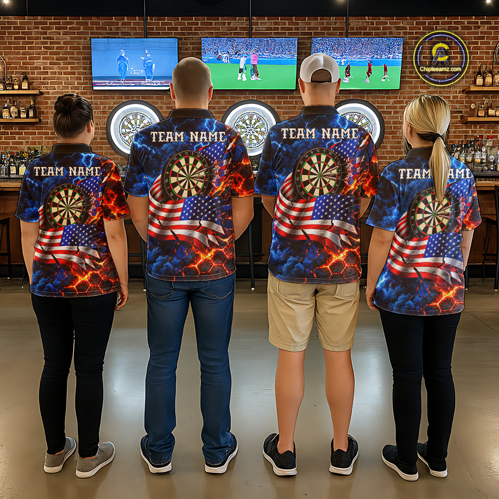 Flaming Dartboard US Flag Darts Polo 1/4-Zip Shirt For Men Custom Lightning Darts Tournament Shirt NYN4740