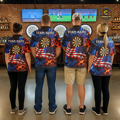 Flaming Dartboard US Flag Darts Polo 1/4-Zip Shirt For Men Custom Lightning Darts Tournament Shirt NYN4740