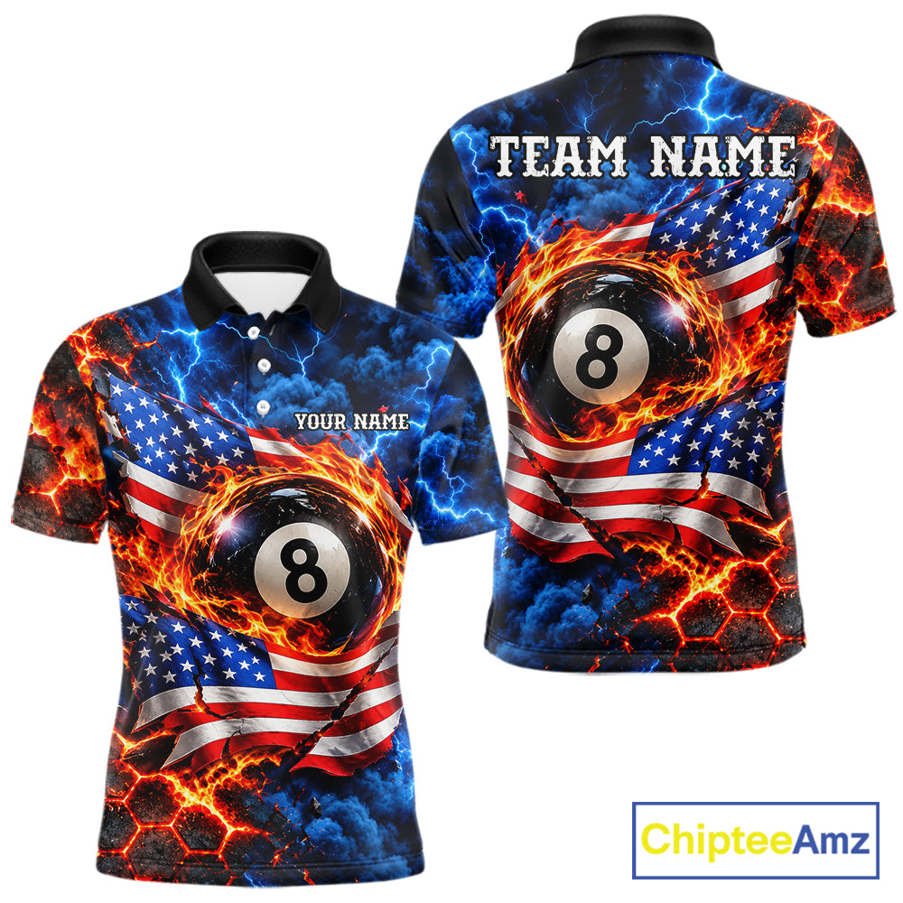 Flaming 8 Ball US Flag Billiard Shirt For Men Custom Lightning Billiard Pool Shirt For Pool Lovers NYN4741