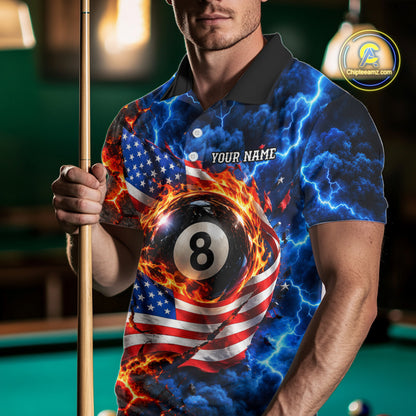 Flaming 8 Ball US Flag Billiard Shirt For Men Custom Lightning Billiard Pool Shirt For Pool Lovers NYN4741