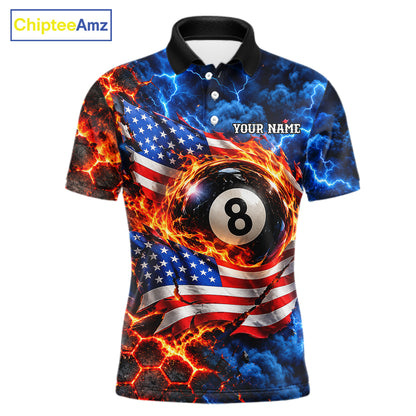 Flaming 8 Ball US Flag Billiard Shirt For Men Custom Lightning Billiard Pool Shirt For Pool Lovers NYN4741