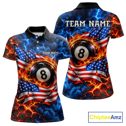 Flaming 8 Ball US Flag Billiard Shirt For Women Custom Lightning Billiard Pool Shirt For Pool Lovers NYN4741