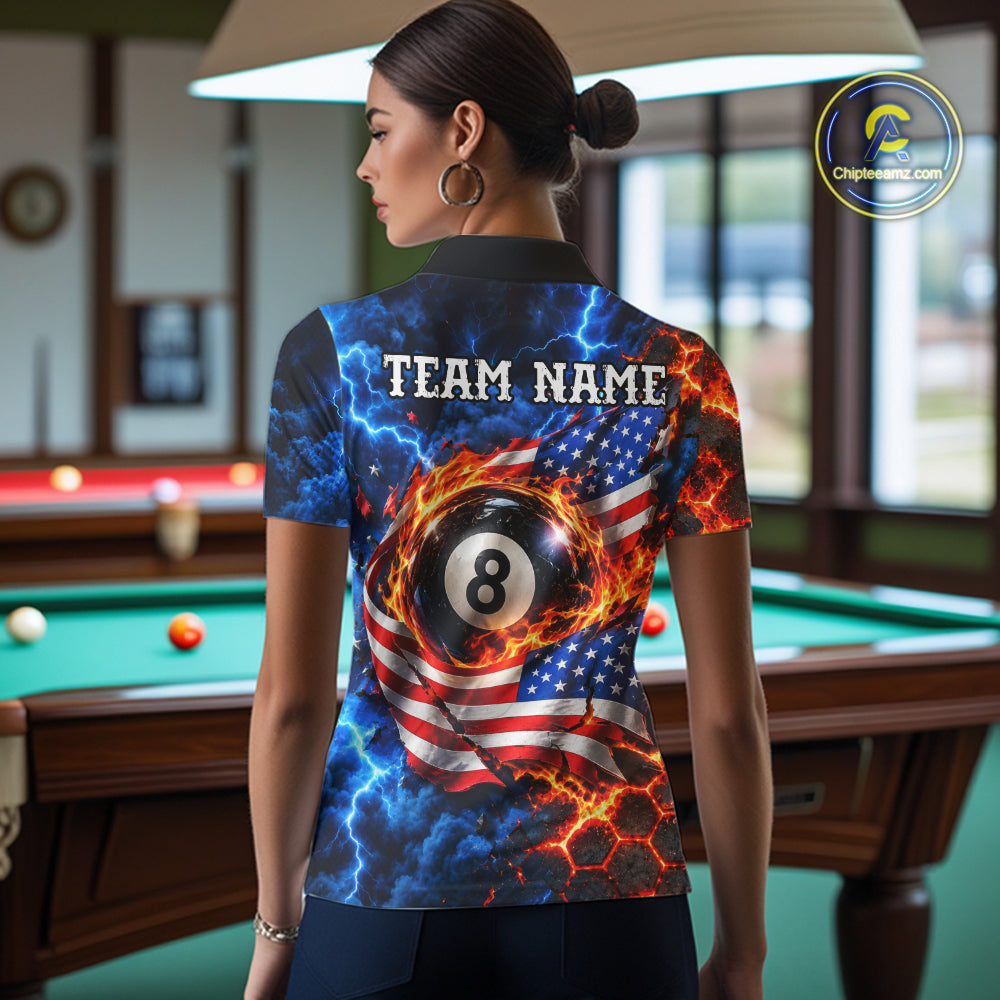 Flaming 8 Ball US Flag Billiard Shirt For Women Custom Lightning Billiard Pool Shirt For Pool Lovers NYN4741