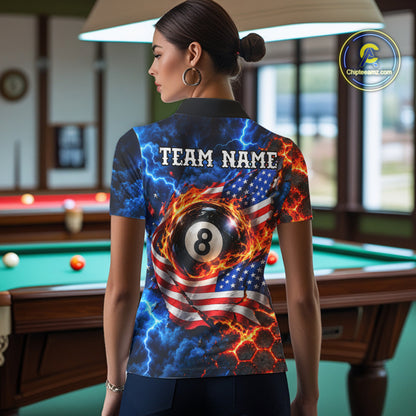 Flaming 8 Ball US Flag Billiard Shirt For Women Custom Lightning Billiard Pool Shirt For Pool Lovers NYN4741