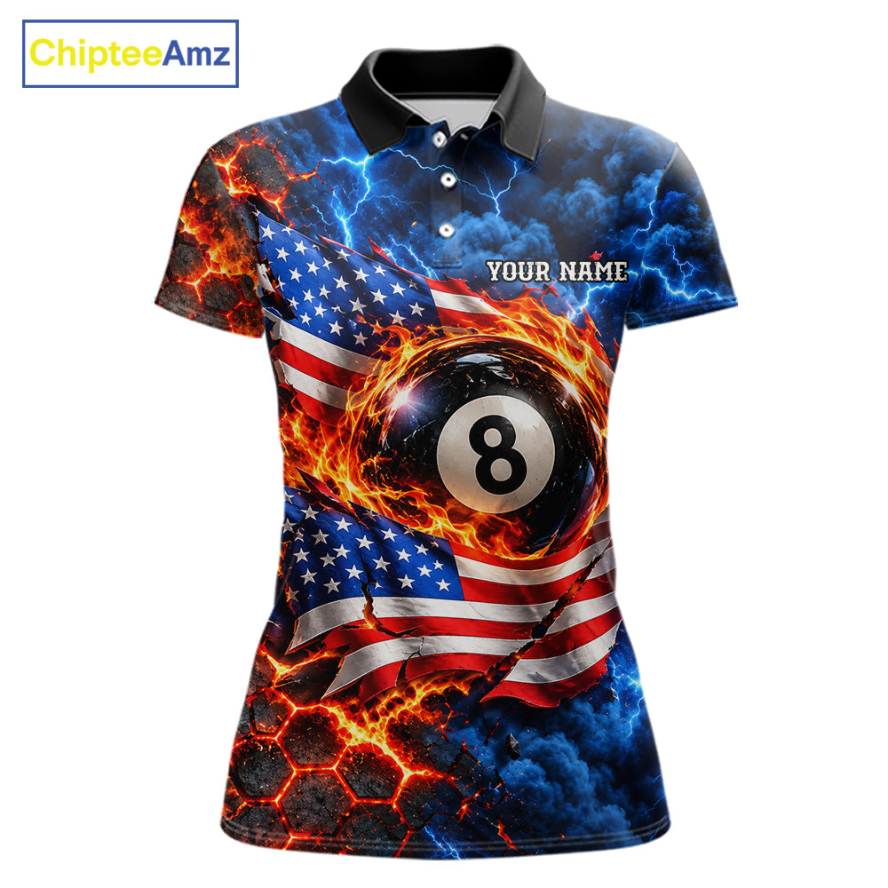Flaming 8 Ball US Flag Billiard Shirt For Women Custom Lightning Billiard Pool Shirt For Pool Lovers NYN4741