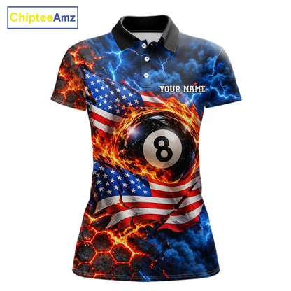 Flaming 8 Ball US Flag Billiard Shirt For Women Custom Lightning Billiard Pool Shirt For Pool Lovers NYN4741