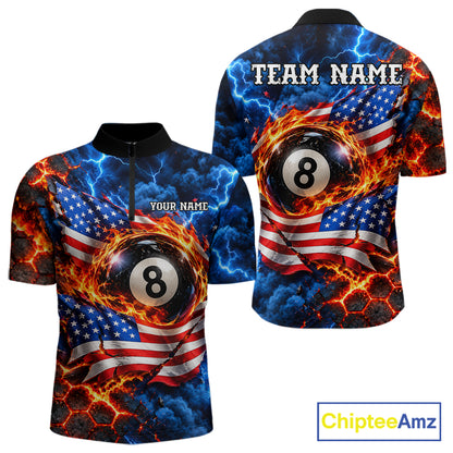 Flaming 8 Ball US Flag Billiard Shirt For Men Custom Lightning Billiard Pool Shirt For Pool Lovers NYN4741
