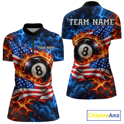 Flaming 8 Ball US Flag Billiard Shirt For Women Custom Lightning Billiard Pool Shirt For Pool Lovers NYN4741