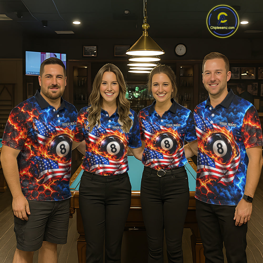 Flaming 8 Ball US Flag Billiard Shirt For Women Custom Lightning Billiard Pool Shirt For Pool Lovers NYN4741