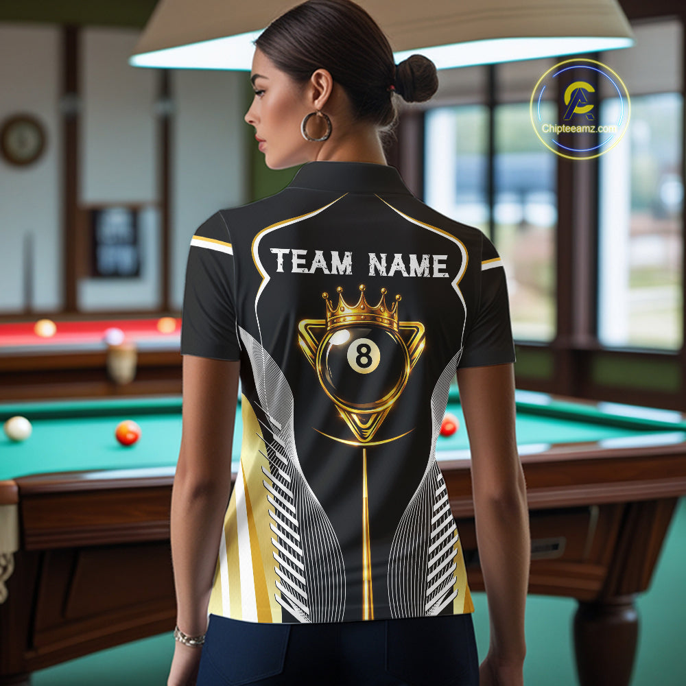 Black & Gold 8 Ball Pool Crown Women Billiard Team Shirt Custom Billiards Balls & Cue Gifts NYN2394