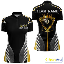 Load image into Gallery viewer, Black &amp; Gold 8 Ball Pool Crown Women Billiard Team Shirt Custom Billiards Balls &amp; Cue Gifts NYN2394