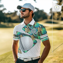 Load image into Gallery viewer, Custom Name Green Tropical Pattern Golf Mens Polo Shirt, Best White Ball Golf Clothing For Mens NYN2992