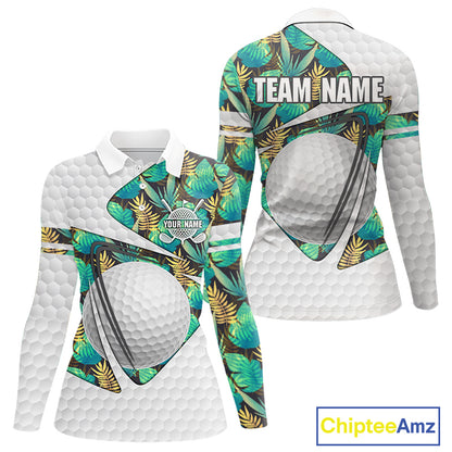 Custom Name Green Tropical Pattern Golf Women Polo Shirt, Best White Ball Golf Clothing For Women NYN2992