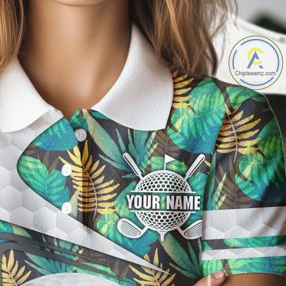 Custom Name Green Tropical Pattern Golf Women Polo Shirt, Best White Ball Golf Clothing For Women NYN2992