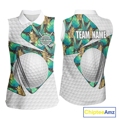 Custom Name Green Tropical Pattern Golf Women Sleeveless Polo Shirt, Best White Ball Golf Clothing For Women NYN2992