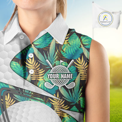 Custom Name Green Tropical Pattern Golf Women Sleeveless Polo Shirt, Best White Ball Golf Clothing For Women NYN2992